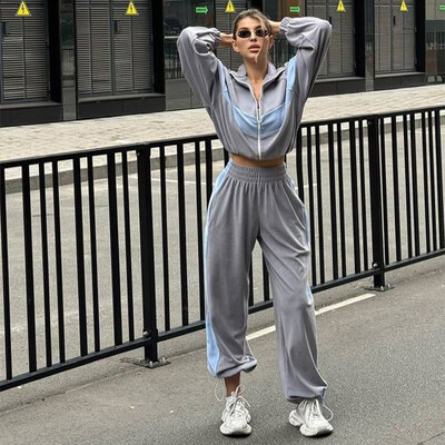 Seturi de pantaloni casual pentru femei Jachete cu fermoar cu revere contrastante, cu talie elastică, pantaloni largi, costume pentru femei, haine sportive de primăvară 2025