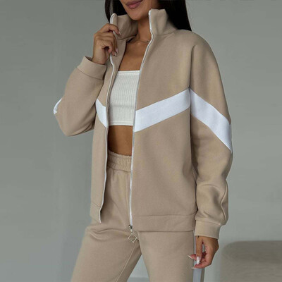 Seturi de pantaloni casual pentru femei Jachete cu fermoar cu revere contrastante, cu talie elastică, pantaloni largi, costume pentru femei, haine sportive de primăvară 2025