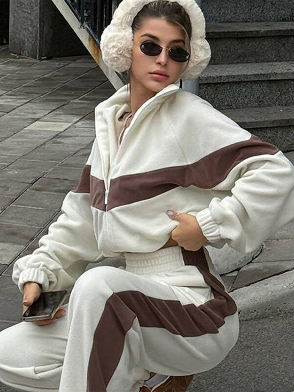 Seturi de pantaloni casual pentru femei Jachete cu fermoar cu revere contrastante, cu talie elastică, pantaloni largi, costume pentru femei, haine sportive de primăvară 2025