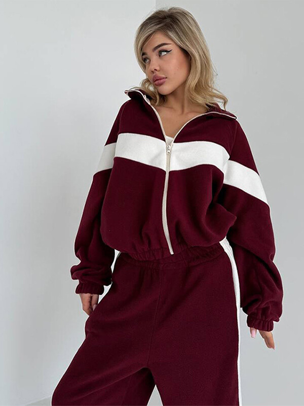 Seturi de pantaloni casual pentru femei Jachete cu fermoar cu revere contrastante, cu talie elastică, pantaloni largi, costume pentru femei, haine sportive de primăvară 2025