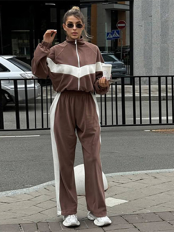 Seturi de pantaloni casual pentru femei Jachete cu fermoar cu revere contrastante, cu talie elastică, pantaloni largi, costume pentru femei, haine sportive de primăvară 2025
