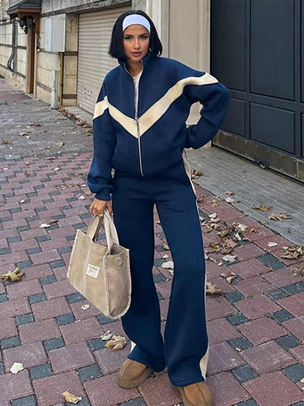 Seturi de pantaloni casual pentru femei Jachete cu fermoar cu revere contrastante, cu talie elastică, pantaloni largi, costume pentru femei, haine sportive de primăvară 2025