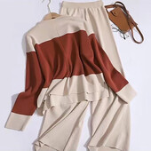 Pulovere pentru femei Set de pantaloni ocazional costume de pulovere color contrast bloc tricotat lejer eleganta cu maneca lunga topuri toamna iarna elastic