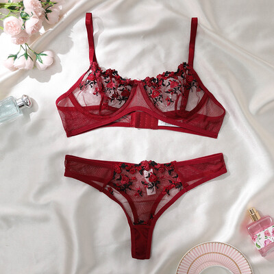 Roșu Vin Lenjerie Transparentă Broderie Floretă Două Piese Femeie Push Up Ventilați Lenjerie de corp G-string Set Sutien Sexy Costum Erotic