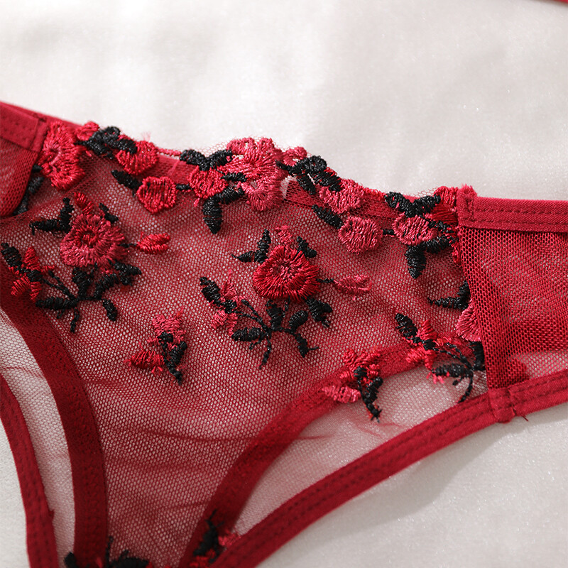 Виненочервено прозрачно бельо с бродерия на цветчета от две части Женско Push Up Вентилирано бельо G-string Секси сутиен Комплект еротичен костюм