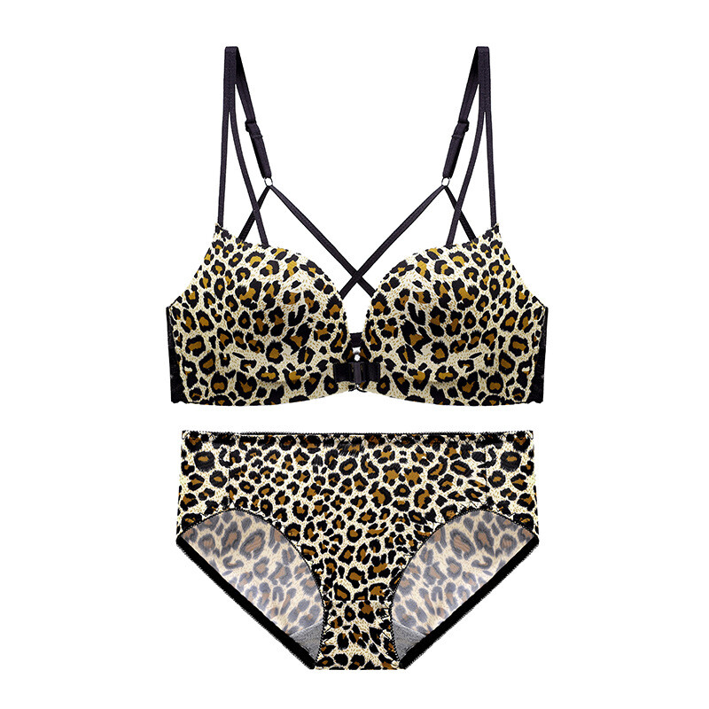 Naiste seksikas aluspesukomplekt Leopardimustriline rinnahoidja terasrõngaga esikinnitusega Mugavad ja hingavad pitspüksid