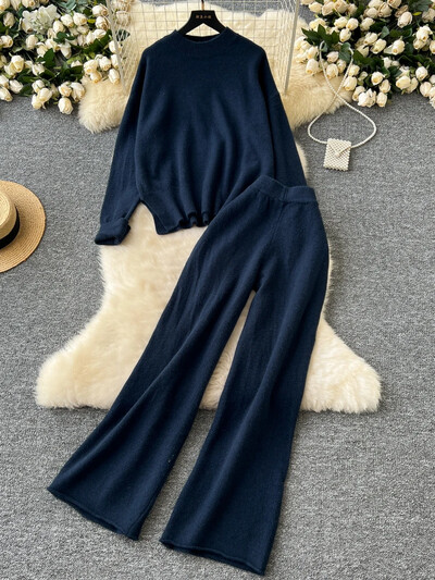 Ikdienas kašmira sieviešu trikotāžas kostīmi, cieti, brīvi džemperi + platas garas bikses, 2024. gada rudens ziemas biezais džemperis, pamati 2 daļ.