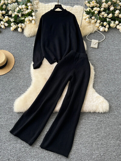 Ikdienas kašmira sieviešu trikotāžas kostīmi, cieti, brīvi džemperi + platas garas bikses, 2024. gada rudens ziemas biezais džemperis, pamati 2 daļ.