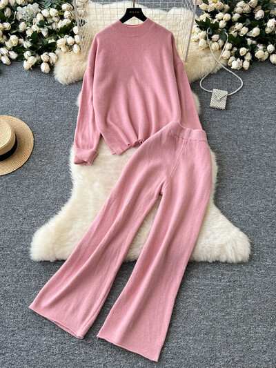 Ikdienas kašmira sieviešu trikotāžas kostīmi, cieti, brīvi džemperi + platas garas bikses, 2024. gada rudens ziemas biezais džemperis, pamati 2 daļ.