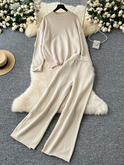 Ikdienas kašmira sieviešu trikotāžas kostīmi, cieti, brīvi džemperi + platas garas bikses, 2024. gada rudens ziemas biezais džemperis, pamati 2 daļ.