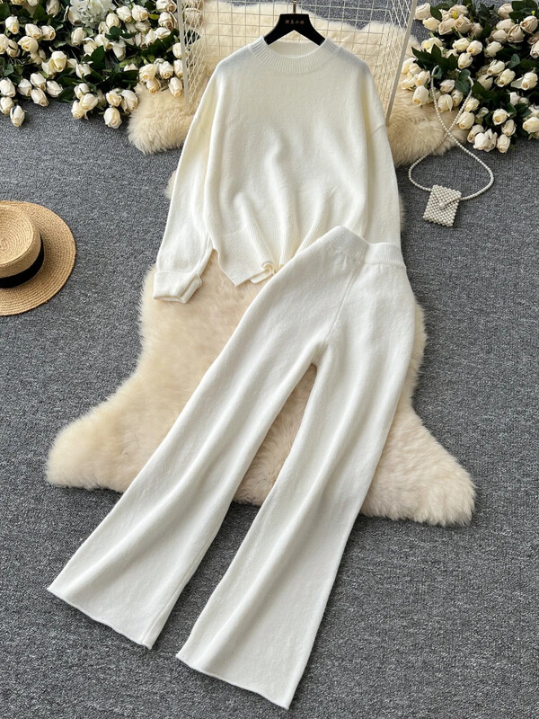 Ikdienas kašmira sieviešu trikotāžas kostīmi, cieti, brīvi džemperi + platas garas bikses, 2024. gada rudens ziemas biezais džemperis, pamati 2 daļ.