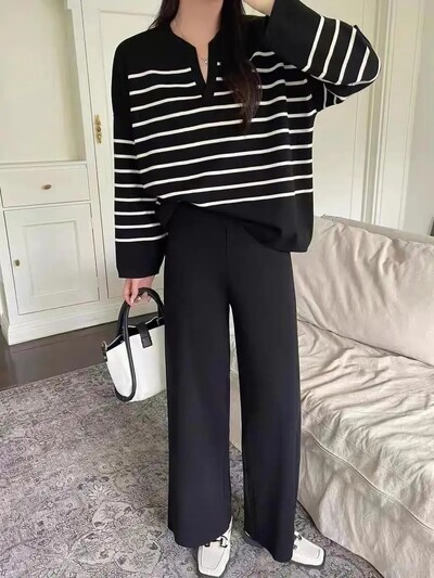 Moodne korea stiilis naiste ülikond, avara liibuva triibulise kootud ülaosaga kõrge vöökohaga vabaaja 2-osaline komplekt