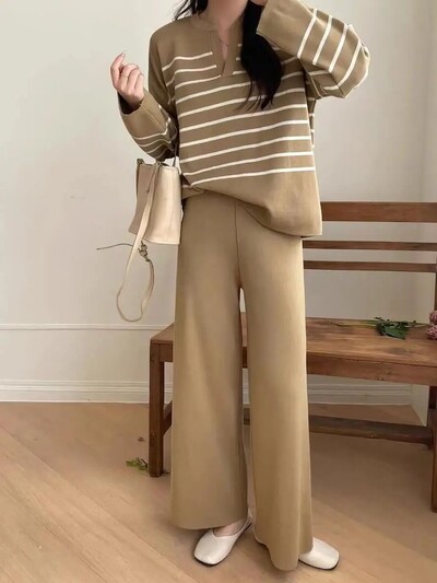 Moodne korea stiilis naiste ülikond, avara liibuva triibulise kootud ülaosaga kõrge vöökohaga vabaaja 2-osaline komplekt