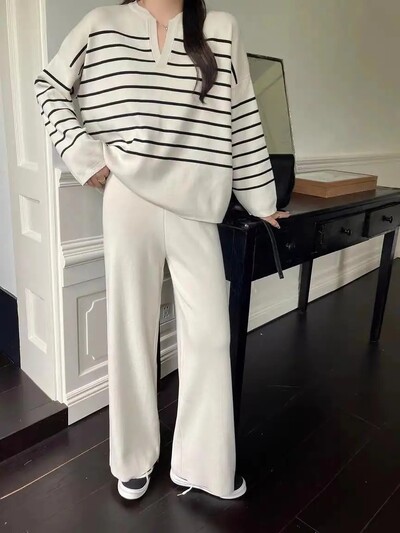 Moodne korea stiilis naiste ülikond, avara liibuva triibulise kootud ülaosaga kõrge vöökohaga vabaaja 2-osaline komplekt