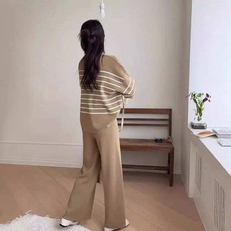Moodne korea stiilis naiste ülikond, avara liibuva triibulise kootud ülaosaga kõrge vöökohaga vabaaja 2-osaline komplekt
