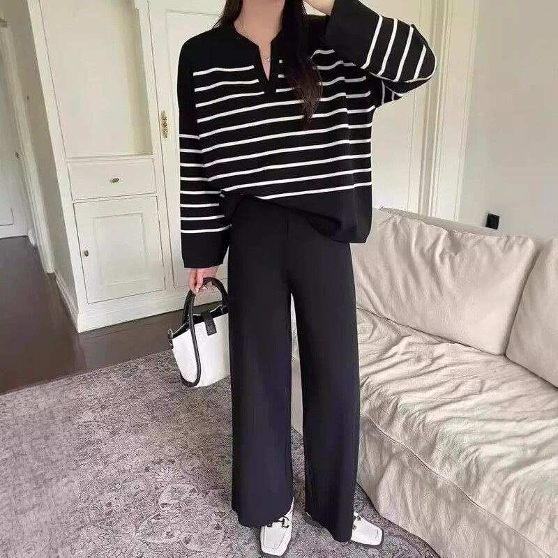 Moodne korea stiilis naiste ülikond, avara liibuva triibulise kootud ülaosaga kõrge vöökohaga vabaaja 2-osaline komplekt