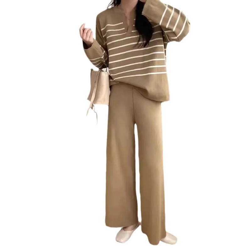 Moodne korea stiilis naiste ülikond, avara liibuva triibulise kootud ülaosaga kõrge vöökohaga vabaaja 2-osaline komplekt