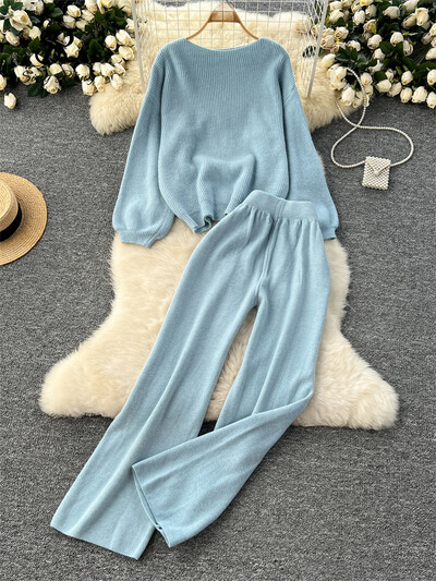 Toamnă coreeană șic tricotată caldă seturi 2 piese Topuri casual + talie înaltă, picioare largi, pantaloni lungi, costum nou retro, solid, la modă de stradă