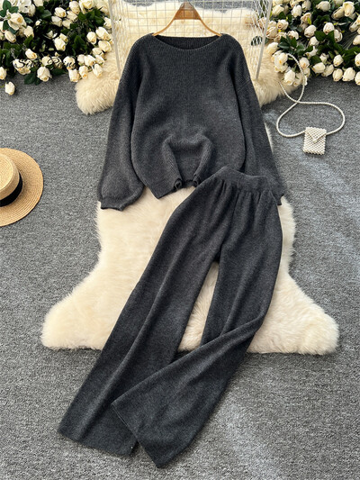 Toamnă coreeană șic tricotată caldă seturi 2 piese Topuri casual + talie înaltă, picioare largi, pantaloni lungi, costum nou retro, solid, la modă de stradă
