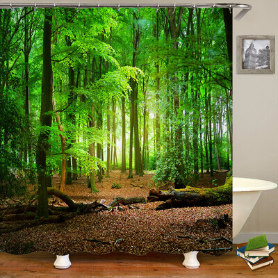 Perdele de duș 3D Natura Pădure Cascada Peisaj Perdele de baie țesătură impermeabilă cu cârlige Decorare a casei Perdea de baie
