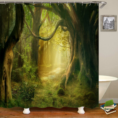 Perdele de duș 3D Natura Pădure Cascada Peisaj Perdele de baie țesătură impermeabilă cu cârlige Decorare a casei Perdea de baie