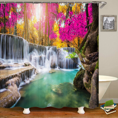 Perdele de duș 3D Natura Pădure Cascada Peisaj Perdele de baie țesătură impermeabilă cu cârlige Decorare a casei Perdea de baie