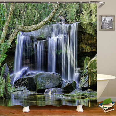Perdele de duș 3D Natura Pădure Cascada Peisaj Perdele de baie țesătură impermeabilă cu cârlige Decorare a casei Perdea de baie
