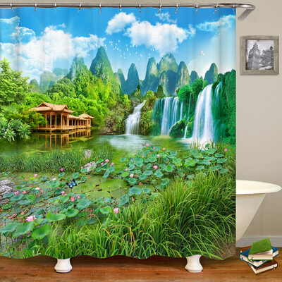 Perdele de duș 3D Natura Pădure Cascada Peisaj Perdele de baie țesătură impermeabilă cu cârlige Decorare a casei Perdea de baie
