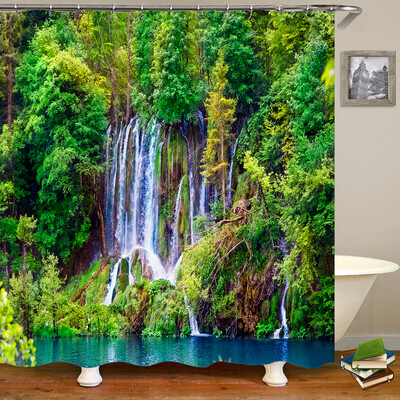 Perdele de duș 3D Natura Pădure Cascada Peisaj Perdele de baie țesătură impermeabilă cu cârlige Decorare a casei Perdea de baie