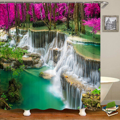 Perdele de duș 3D Natura Pădure Cascada Peisaj Perdele de baie țesătură impermeabilă cu cârlige Decorare a casei Perdea de baie