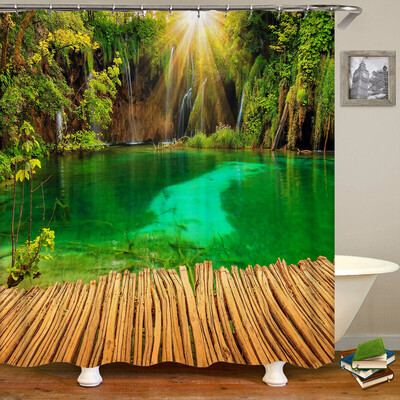 Perdele de duș 3D Natura Pădure Cascada Peisaj Perdele de baie țesătură impermeabilă cu cârlige Decorare a casei Perdea de baie