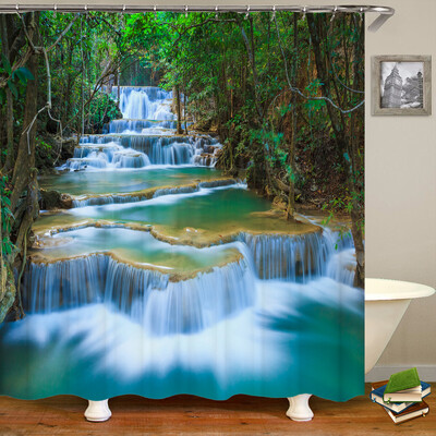 Perdele de duș 3D Natura Pădure Cascada Peisaj Perdele de baie țesătură impermeabilă cu cârlige Decorare a casei Perdea de baie