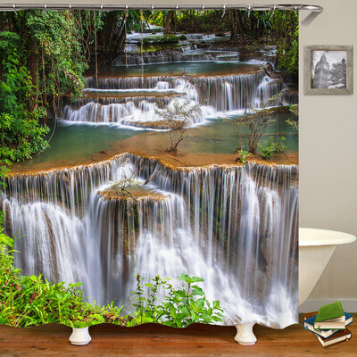 Perdele de duș 3D Natura Pădure Cascada Peisaj Perdele de baie țesătură impermeabilă cu cârlige Decorare a casei Perdea de baie