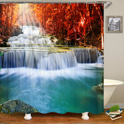 Perdele de duș 3D Natura Pădure Cascada Peisaj Perdele de baie țesătură impermeabilă cu cârlige Decorare a casei Perdea de baie