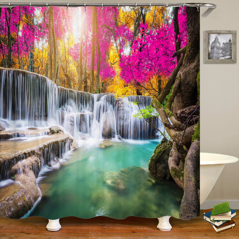 Perdele de duș 3D Natura Pădure Cascada Peisaj Perdele de baie țesătură impermeabilă cu cârlige Decorare a casei Perdea de baie