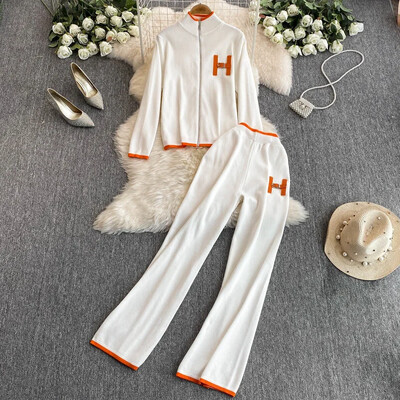 Есенен корейски моден комплект от 2 части Дамски Y2k плетен пуловер с дълги ръкави + тънък прав панталон с висока талия Ежедневен офис дамски костюм