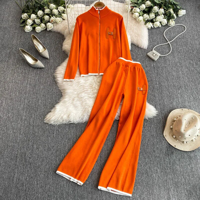 Есенен корейски моден комплект от 2 части Дамски Y2k плетен пуловер с дълги ръкави + тънък прав панталон с висока талия Ежедневен офис дамски костюм