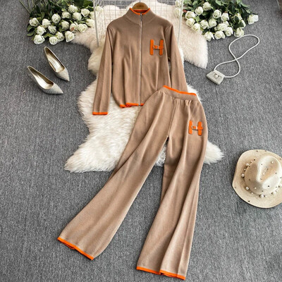 Есенен корейски моден комплект от 2 части Дамски Y2k плетен пуловер с дълги ръкави + тънък прав панталон с висока талия Ежедневен офис дамски костюм