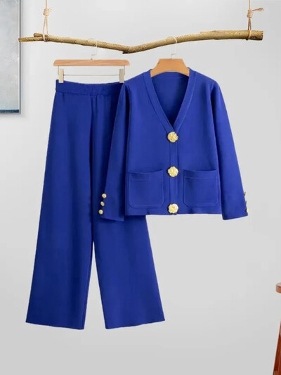 Naiste vabaaja pikkade varrukatega kampsun, laia säärega püksid, kootud 2-osaline komplekt Y2k Korea mood Tide elegantsed ülikonnad 2024. aasta sügis