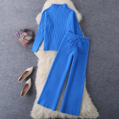 2024 Suittweed Style Socialite Tricotat Lână Pantaloni cu clopoței Set 2 piese Pantaloni de sus pentru femei Design peisaj chinezesc Casual Chic