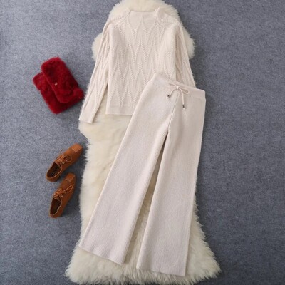 2024 Suittweed Style Socialite Tricotat Lână Pantaloni cu clopoței Set 2 piese Pantaloni de sus pentru femei Design peisaj chinezesc Casual Chic