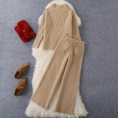 2024 Suittweed Style Socialite Tricotat Lână Pantaloni cu clopoței Set 2 piese Pantaloni de sus pentru femei Design peisaj chinezesc Casual Chic