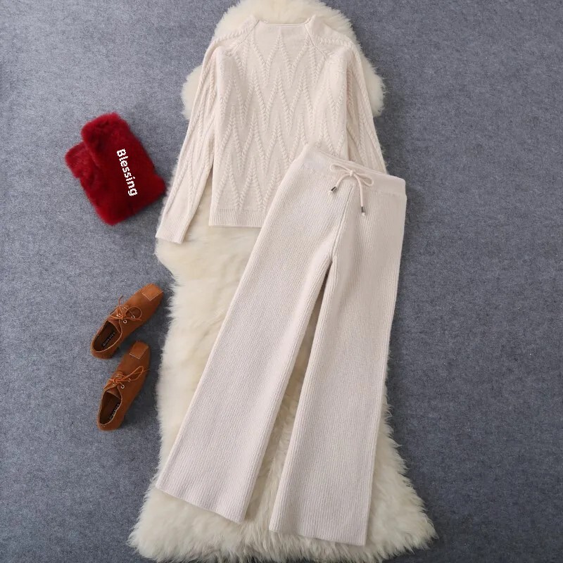 2024 Suittweed Style Socialite Tricotat Lână Pantaloni cu clopoței Set 2 piese Pantaloni de sus pentru femei Design peisaj chinezesc Casual Chic