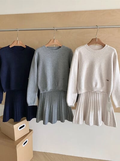 Toamnă Iarnă Franța Set 2 piese tricot elegant pentru femei, cu mânecă lungă, cu gâtul O, pulover Top+fustă scurtă plisată elastică Costum casual solid