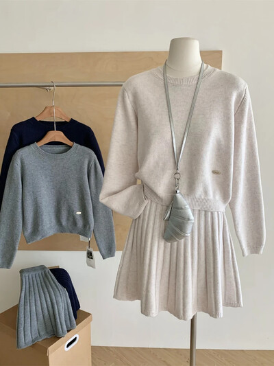 Toamnă Iarnă Franța Set 2 piese tricot elegant pentru femei, cu mânecă lungă, cu gâtul O, pulover Top+fustă scurtă plisată elastică Costum casual solid