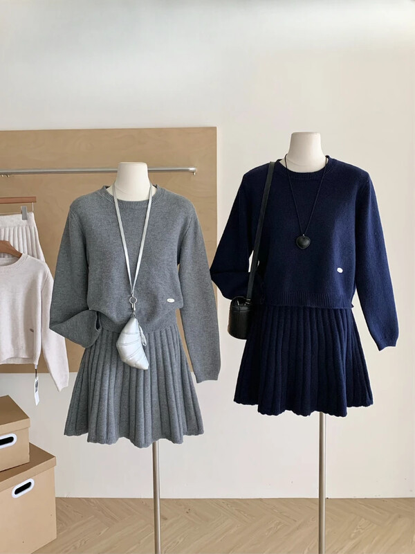 Toamnă Iarnă Franța Set 2 piese tricot elegant pentru femei, cu mânecă lungă, cu gâtul O, pulover Top+fustă scurtă plisată elastică Costum casual solid