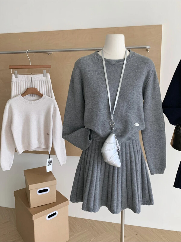 Toamnă Iarnă Franța Set 2 piese tricot elegant pentru femei, cu mânecă lungă, cu gâtul O, pulover Top+fustă scurtă plisată elastică Costum casual solid