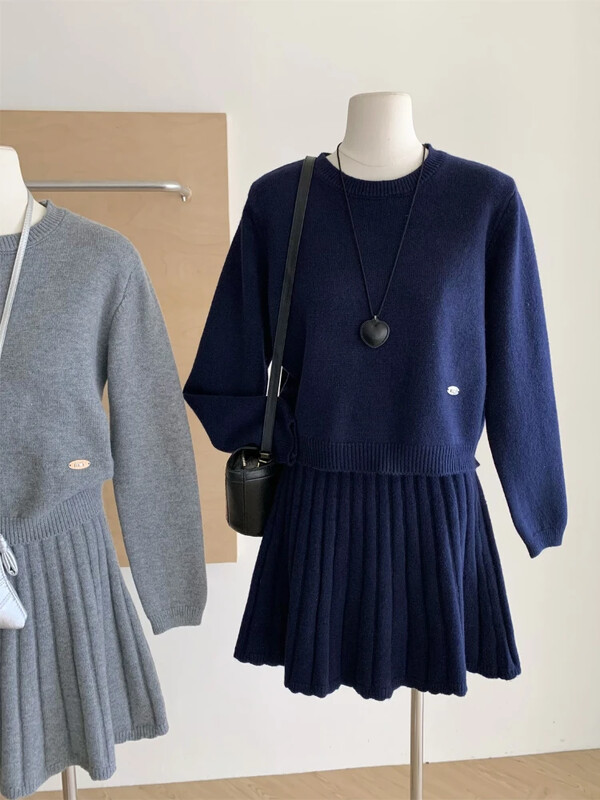 Toamnă Iarnă Franța Set 2 piese tricot elegant pentru femei, cu mânecă lungă, cu gâtul O, pulover Top+fustă scurtă plisată elastică Costum casual solid