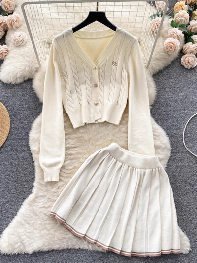 Set de două piese tricotat retro în stil francez colegiu, pulover cu rever + fustă cu talie înaltă, costum slim, destul de solid, toamnă nou