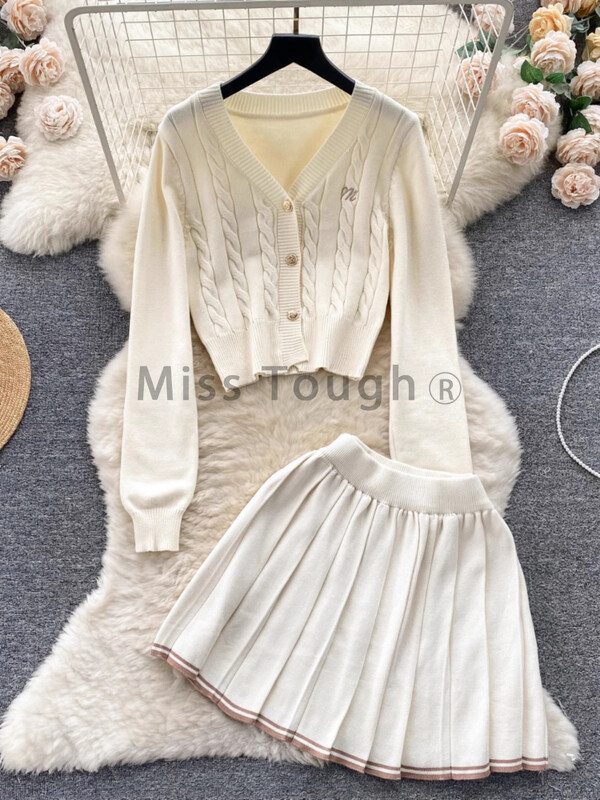 Set de două piese tricotat retro în stil francez colegiu, pulover cu rever + fustă cu talie înaltă, costum slim, destul de solid, toamnă nou